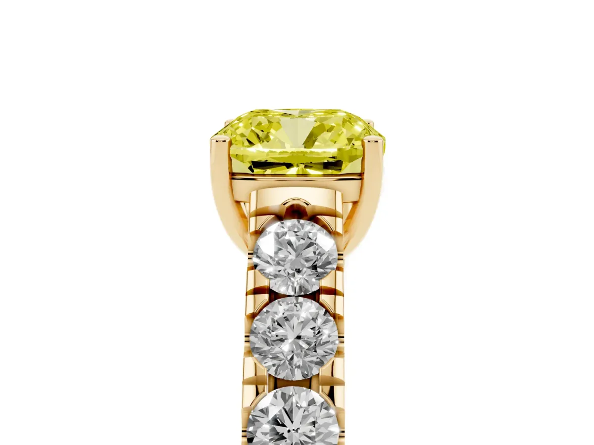 Fancy Yellow Cushion Cut Cut Diamond Solitaire Ring with Micro Pave Band and Prong Setting Yellow gold