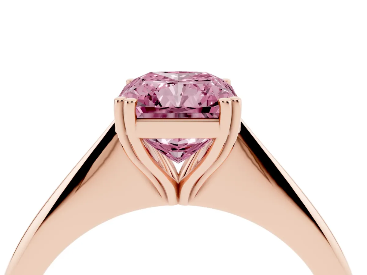 Fancy Pink Radiant Cut Solitaire Diamond Ring with Six-Prong Setting and Classic Band Rose gold