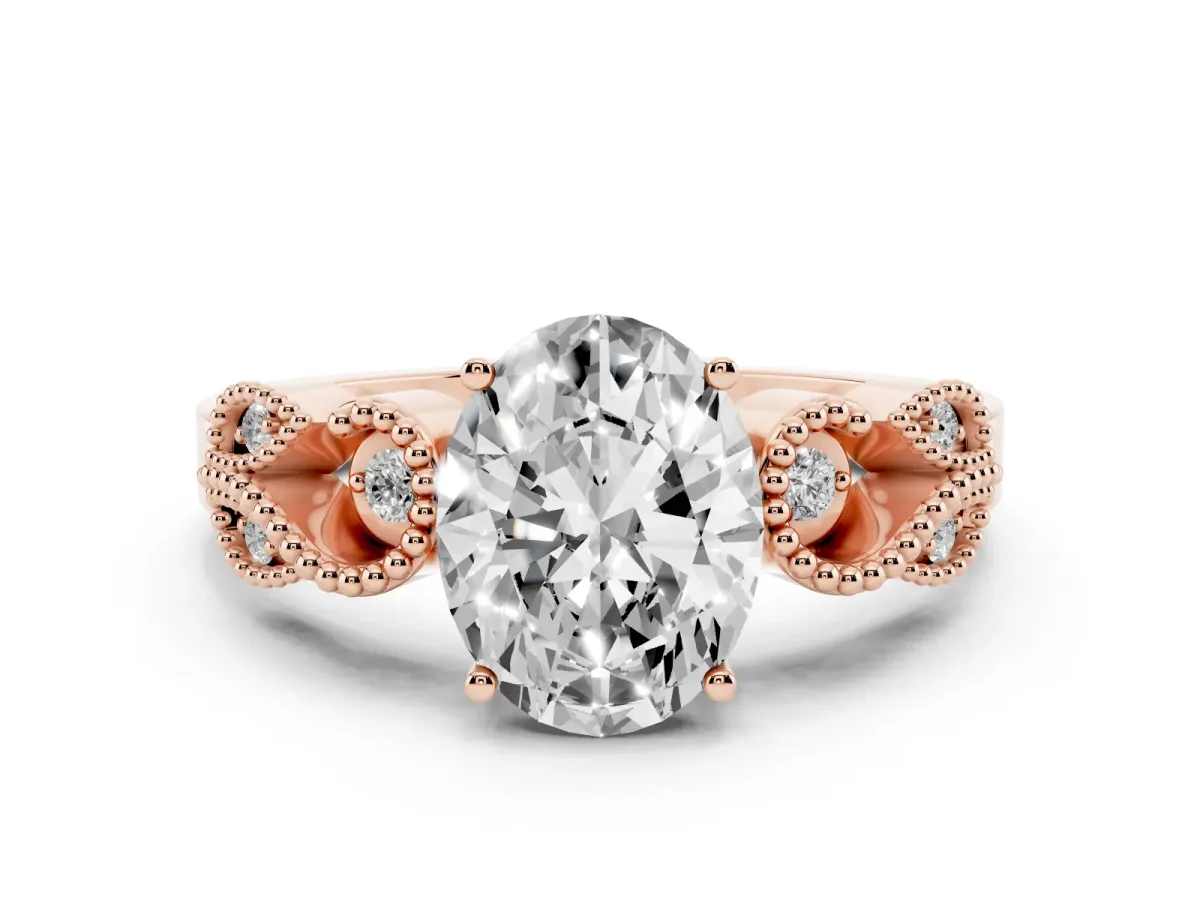 Oval Cut Solitaire Milgrain Leaf Band with Prong Setting Rose gold