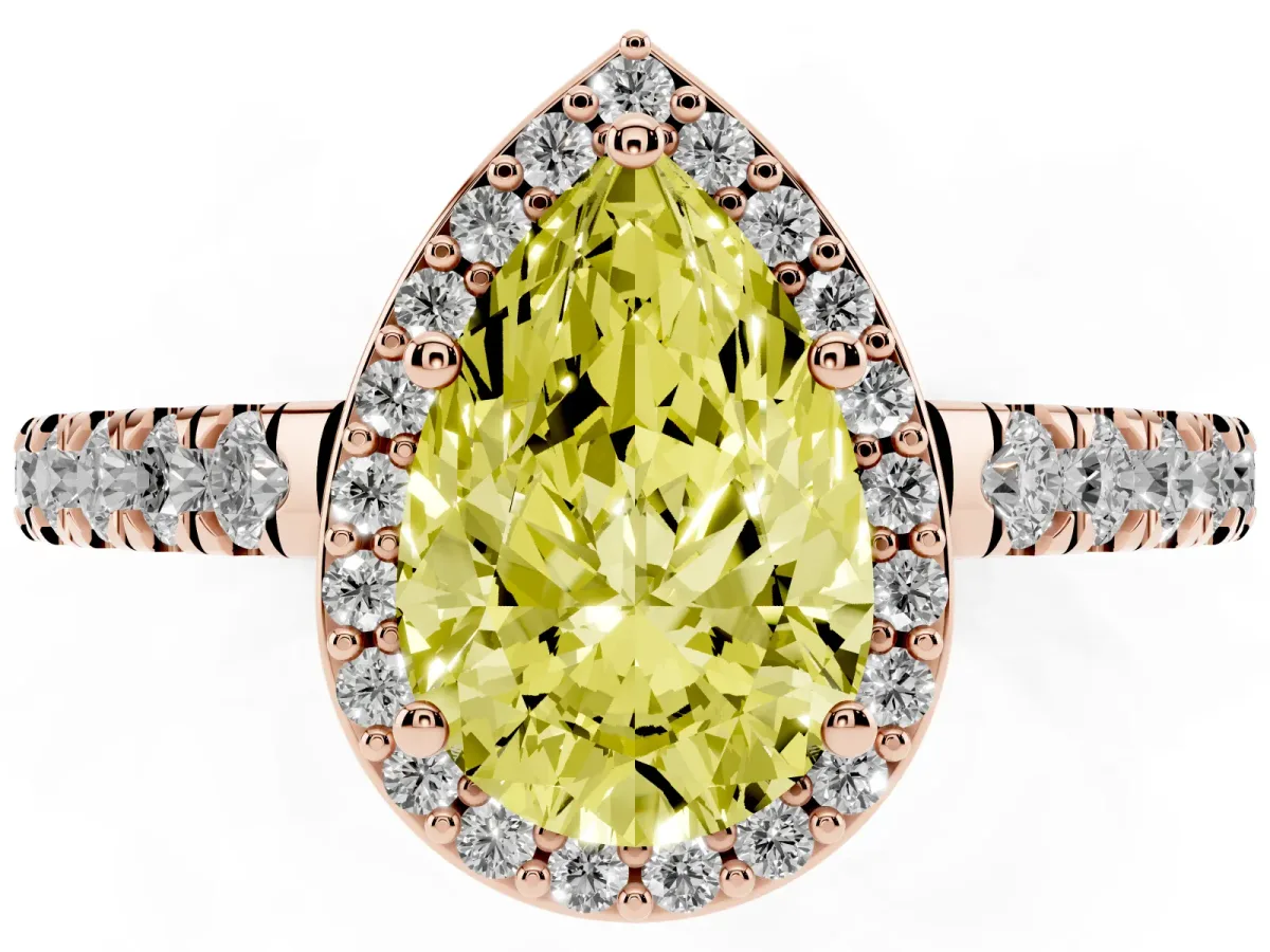 Fancy Yellow Pear Cut Cut Halo Diamond Engagement Ring with Pave Band and Four-Prong Setting Rose gold