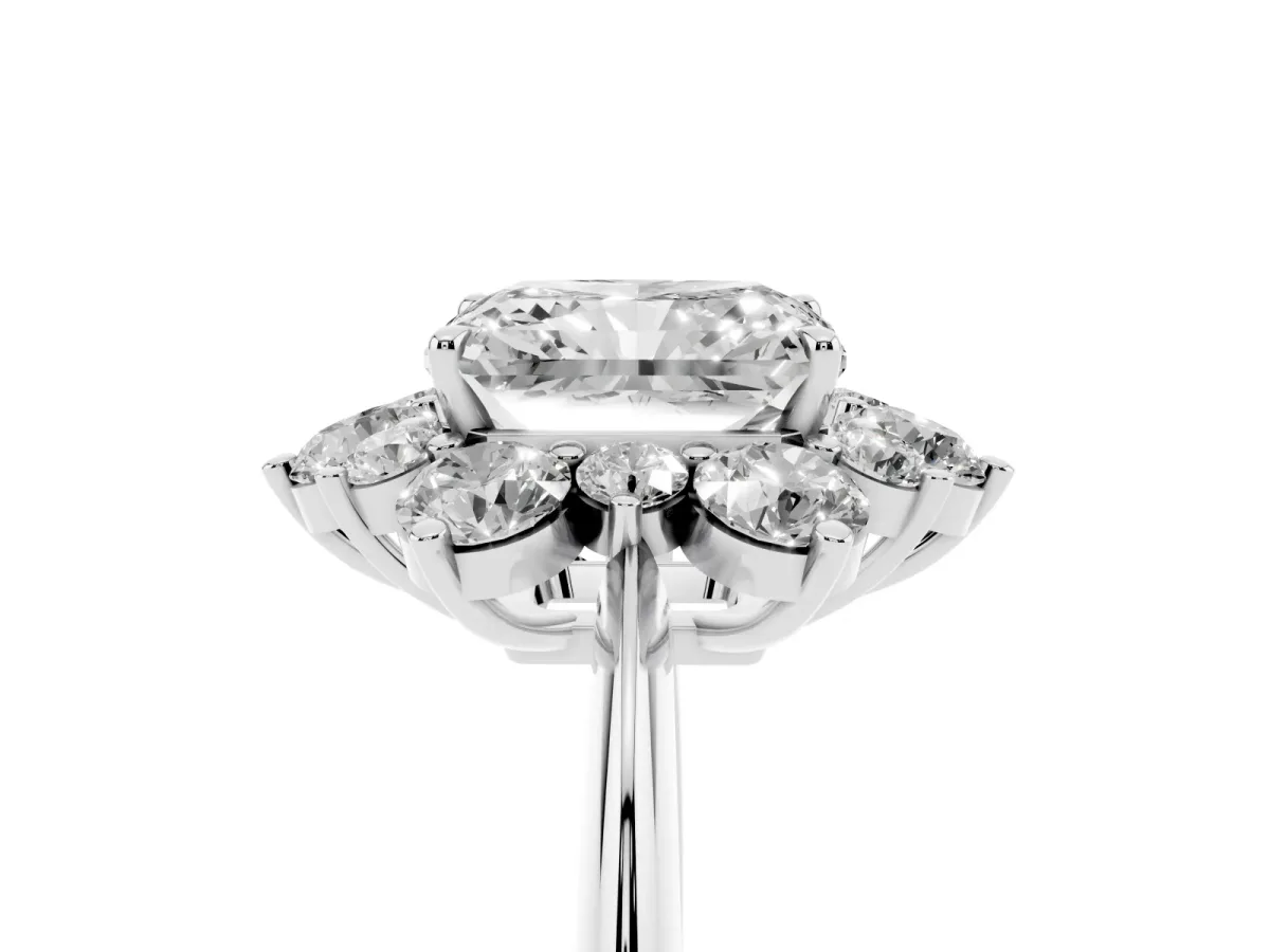 Radiant Cut Diamond Cluster Halo Ring with Solitaire Band and Four-Prong Setting Silver