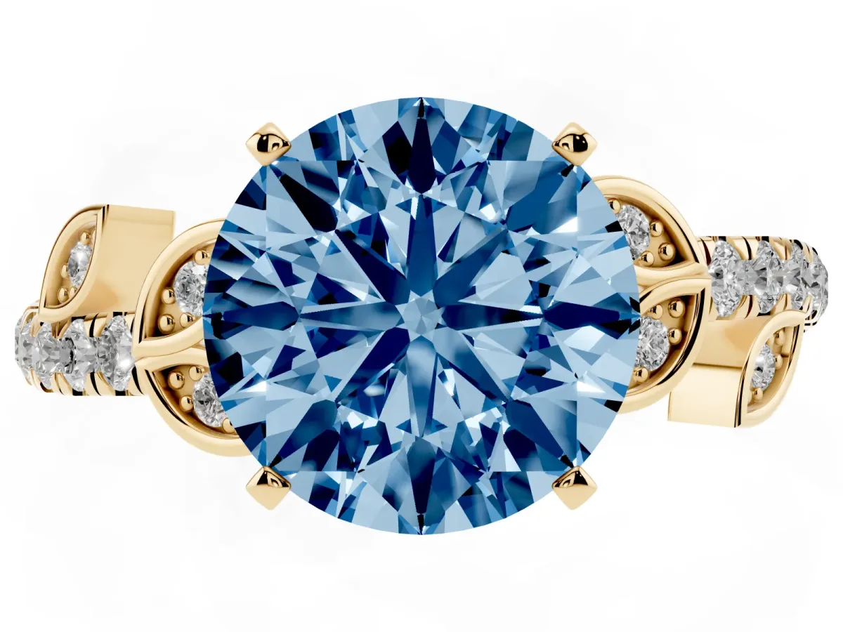 Fancy Blue Round Cut Solitaire Leaf-Inspired Diamond Ring with Pavé Band and Four-Prong Setting Yellow gold