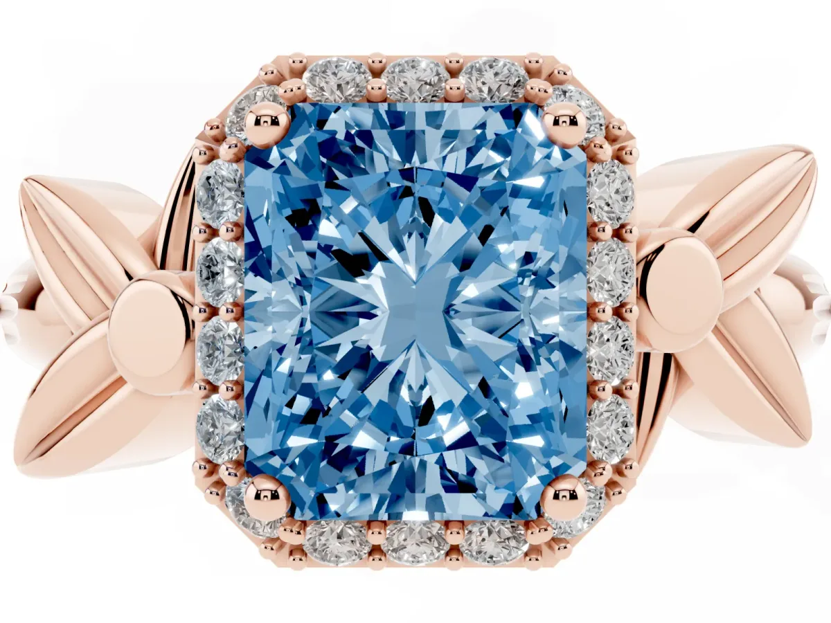 Fancy Blue Radiant Cut Halo Diamond Floral Band with Four-Prong Setting Rose gold