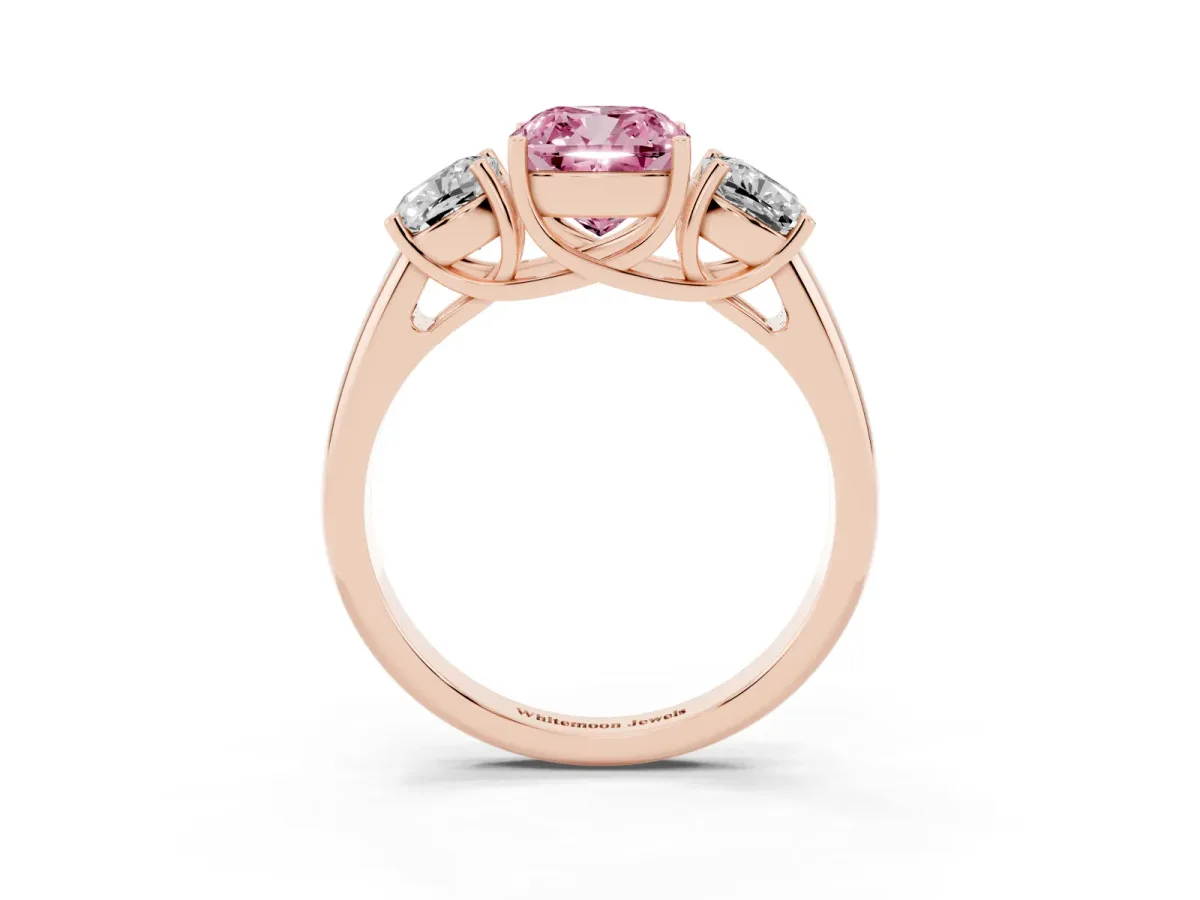Fancy Pink Three-Stone Cushion Cut Diamond Engagement Ring with Prong Setting Rose gold