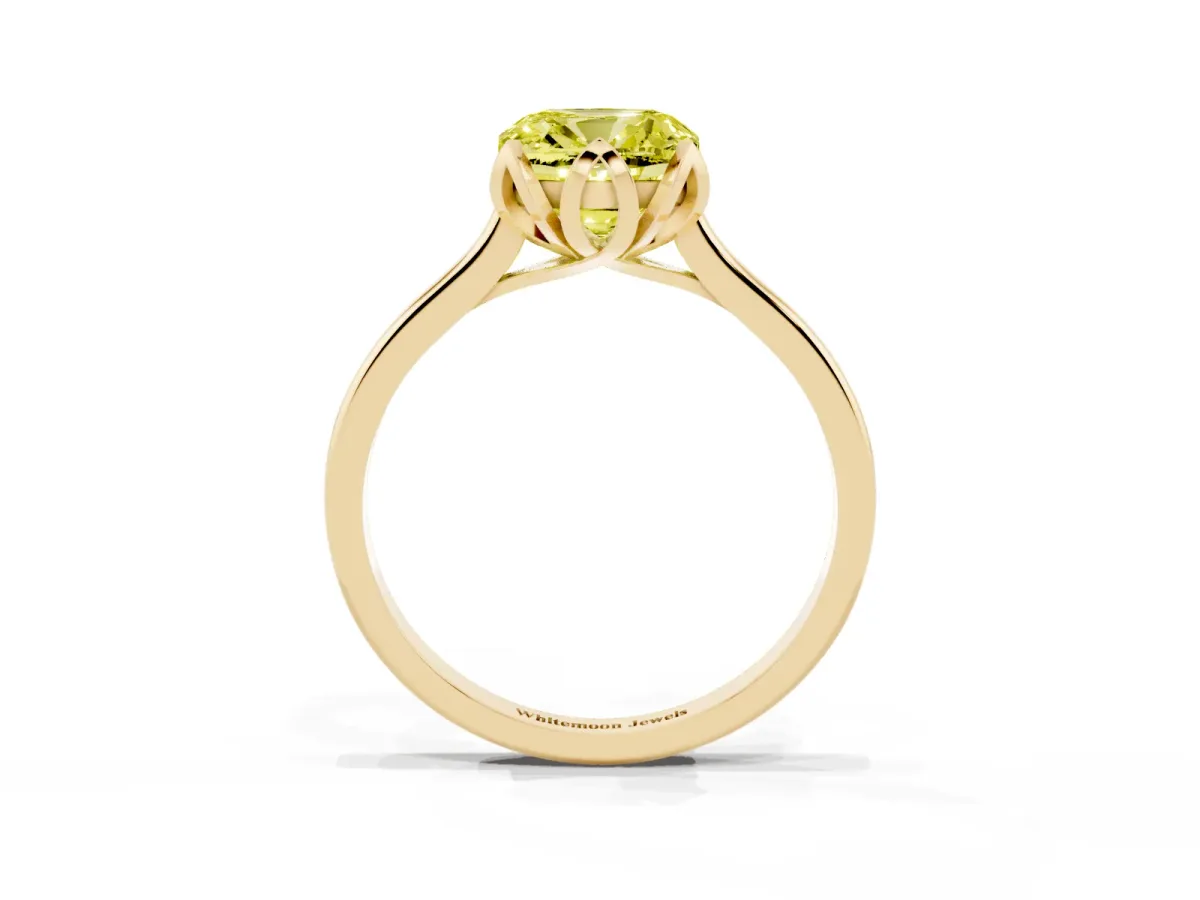 Fancy Yellow Cushion Cut Diamond Solitaire Ring with Flower Prong Setting and Classic Band Yellow gold