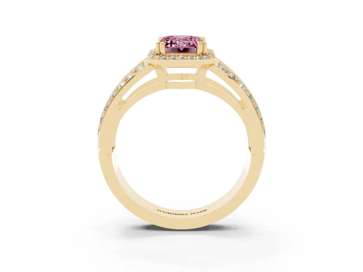 Fancy Pink Emerald Cut Diamond Halo Ring with Split Shank Pavé Band and Four-Prong Setting Yellow gold