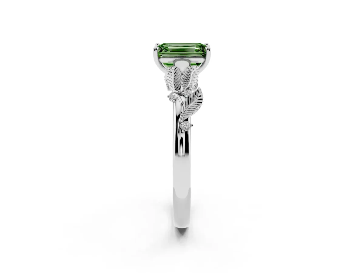 Fancy Green Emerald Cut Diamond Solitaire Ring with Leaf Motif Band and Four-Prong Setting Silver