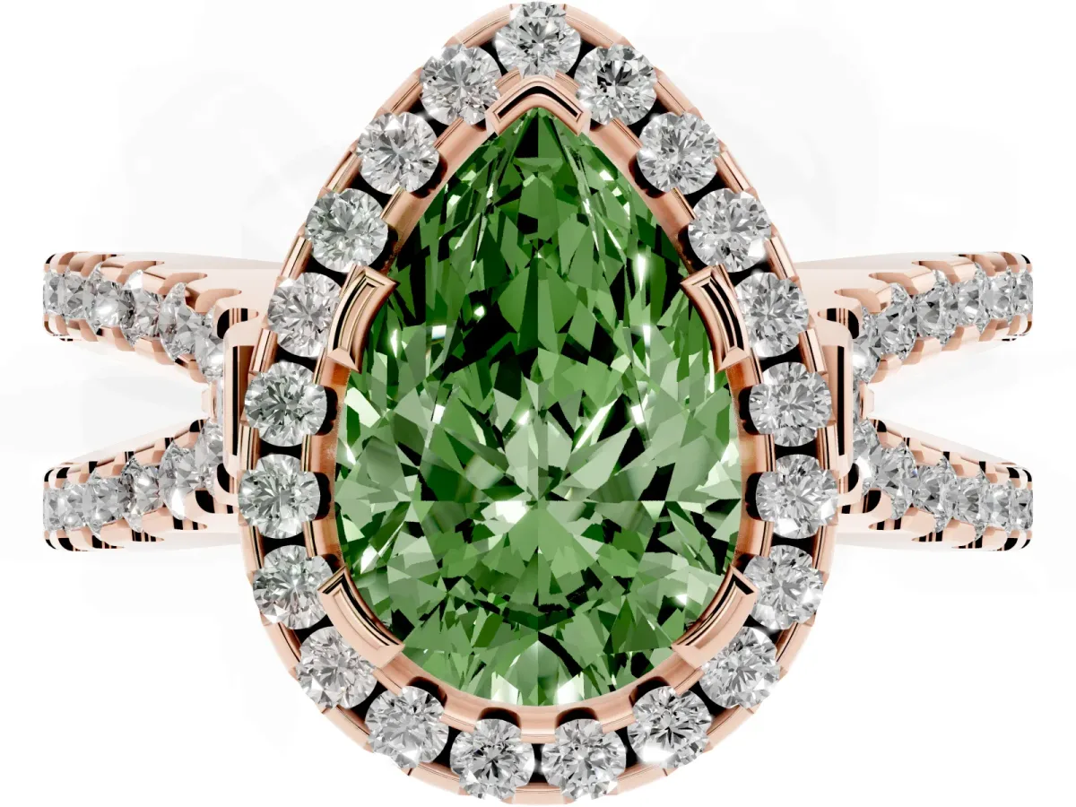 Fancy Green Pear Cut Diamond Halo Ring with Split Shank Pavé Band and Prong Setting Rose gold