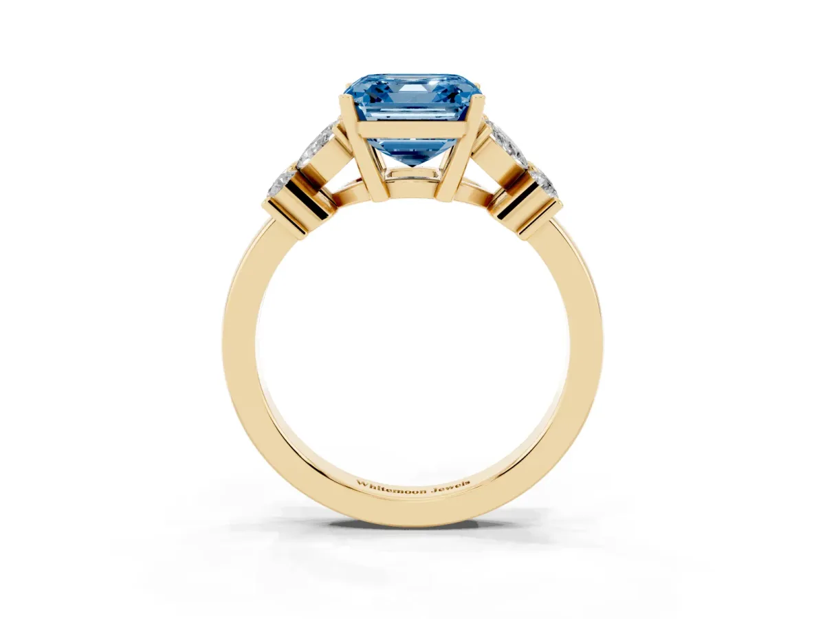 Fancy Blue Asscher Cut Diamond Floral Cluster Ring with Solitaire Band and Prong Setting Yellow gold