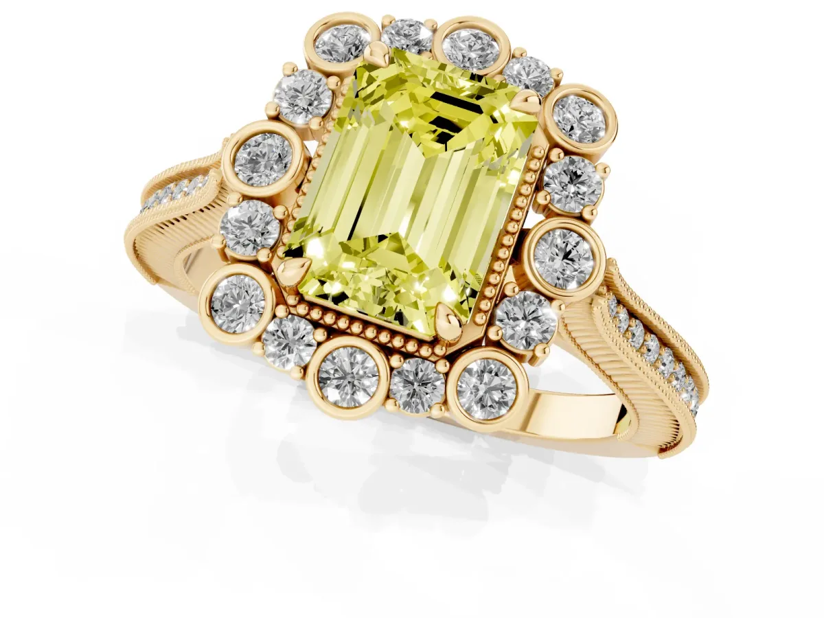 Fancy Yellow Emerald Cut Halo Milgrain Pave Diamond Ring with Four-Prong Setting Yellow gold