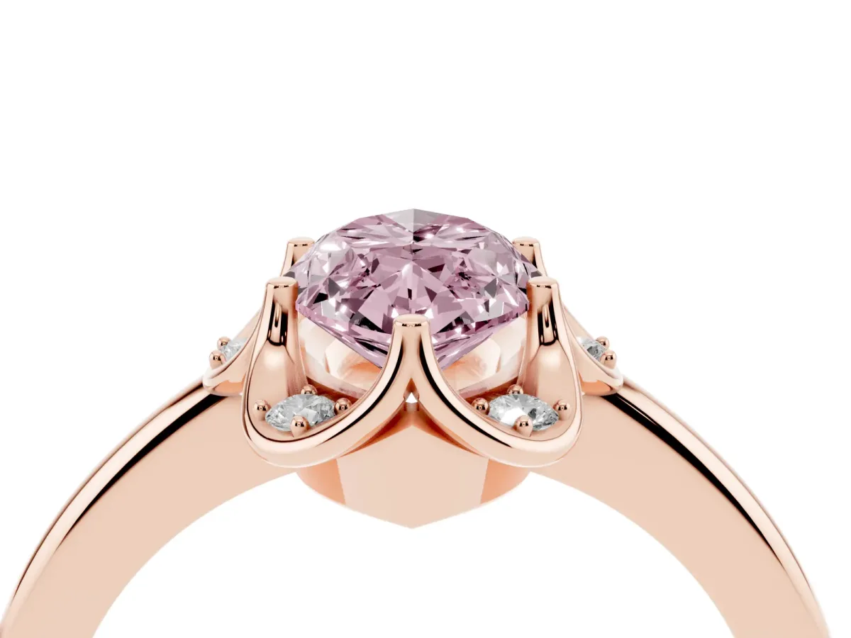 Fancy Pink Marquise Cut Halo Diamond Ring with Round Cluster Setting, Solitaire Band, and Four-Prong Setting Rose gold