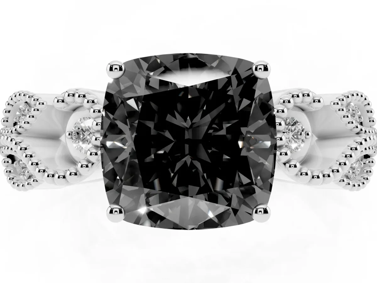 Fancy Black Cushion Cut Solitaire Milgrain Leaf Band with Prong Setting Silver