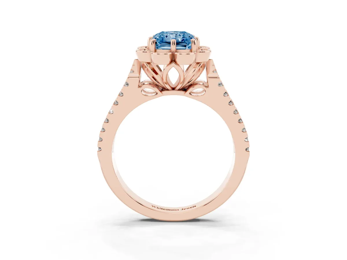 Fancy Blue Radiant Cut Halo Diamond Floral Split Shank Engagement Ring Rose gold