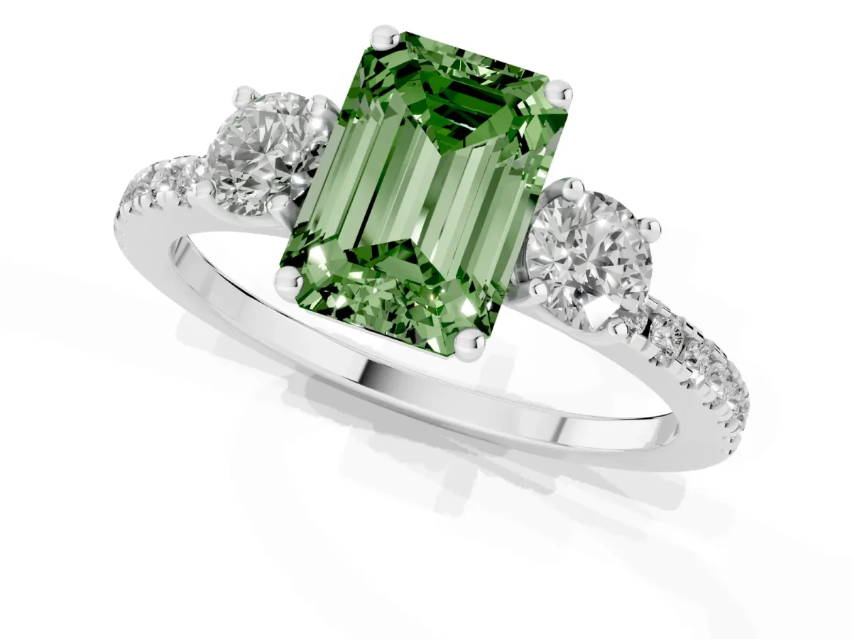 Fancy Green Three-Stone Emerald Cut Cut Diamond Pavé Band with Prong Setting Silver
