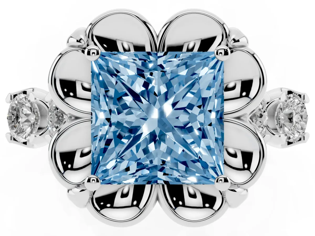 Fancy Blue Princess Cut Cut Diamond Floral Halo Engagement Ring with Shared Prong Setting Silver