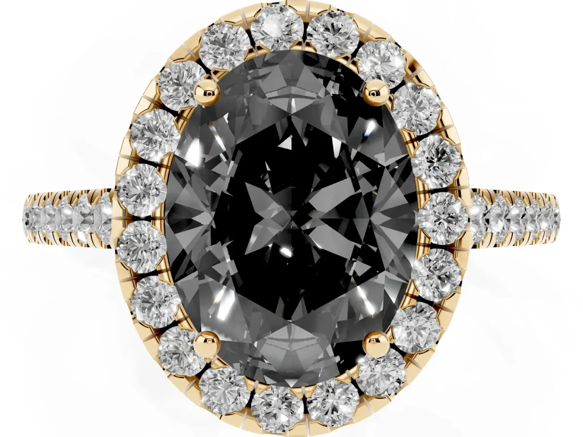 Fancy Black Oval Cut Halo Pave Diamond Engagement Ring with Four-Prong Setting Yellow gold