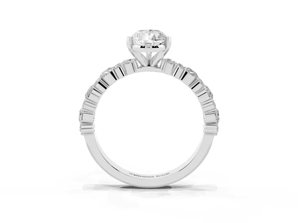 Pear Cut Diamond Side Stone Solitaire Ring with Round and Four-Prong Setting Silver