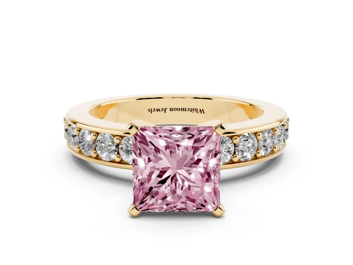 Fancy Pink Princess Cut Diamond Engagement Ring with Channel Set Round Band and Prong Setting Yellow gold