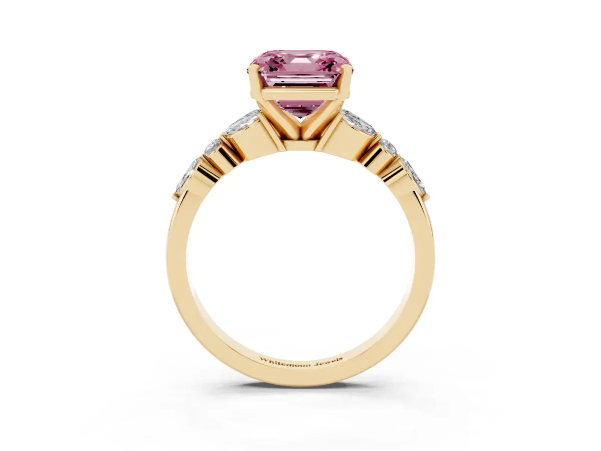 Fancy Pink Asscher Cut Diamond Solitaire Ring with Side Stones and Four-Prong Setting Yellow gold