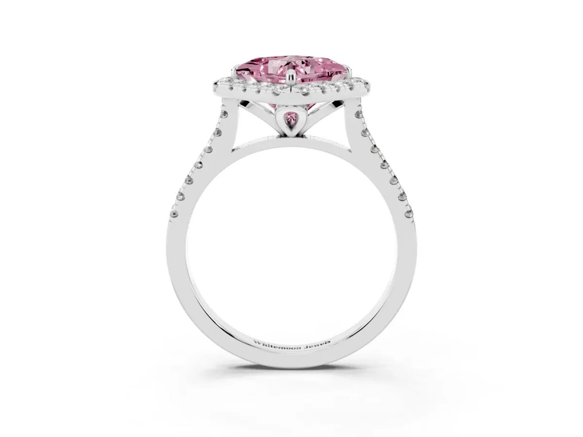 Fancy Pink Princess Cut Diamond Cushion Halo Ring with Pavé Band White gold