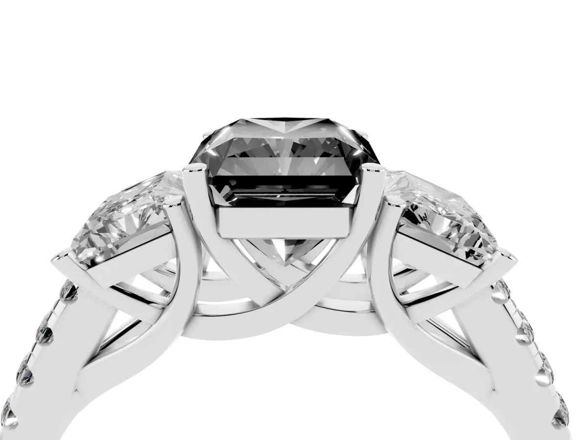 Fancy Black Three-Stone Radiant Cut Diamond Ring with Round Pavé Band and Prong Setting Silver