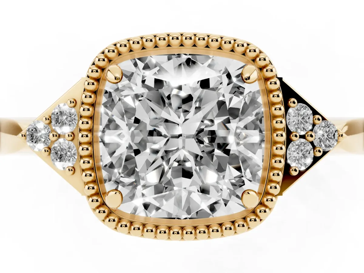 Hexagonal Halo Cushion Cut Diamond Solitaire with Pavé Band and Four-Prong Setting Yellow gold