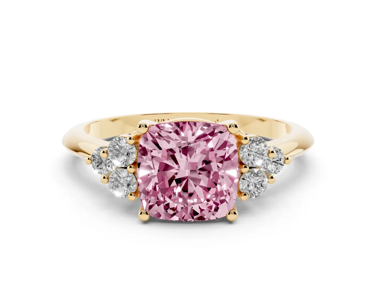 Fancy Pink Cushion Cut Cut Diamond Cluster Ring with Solitaire Band and Four-Prong Setting Yellow gold