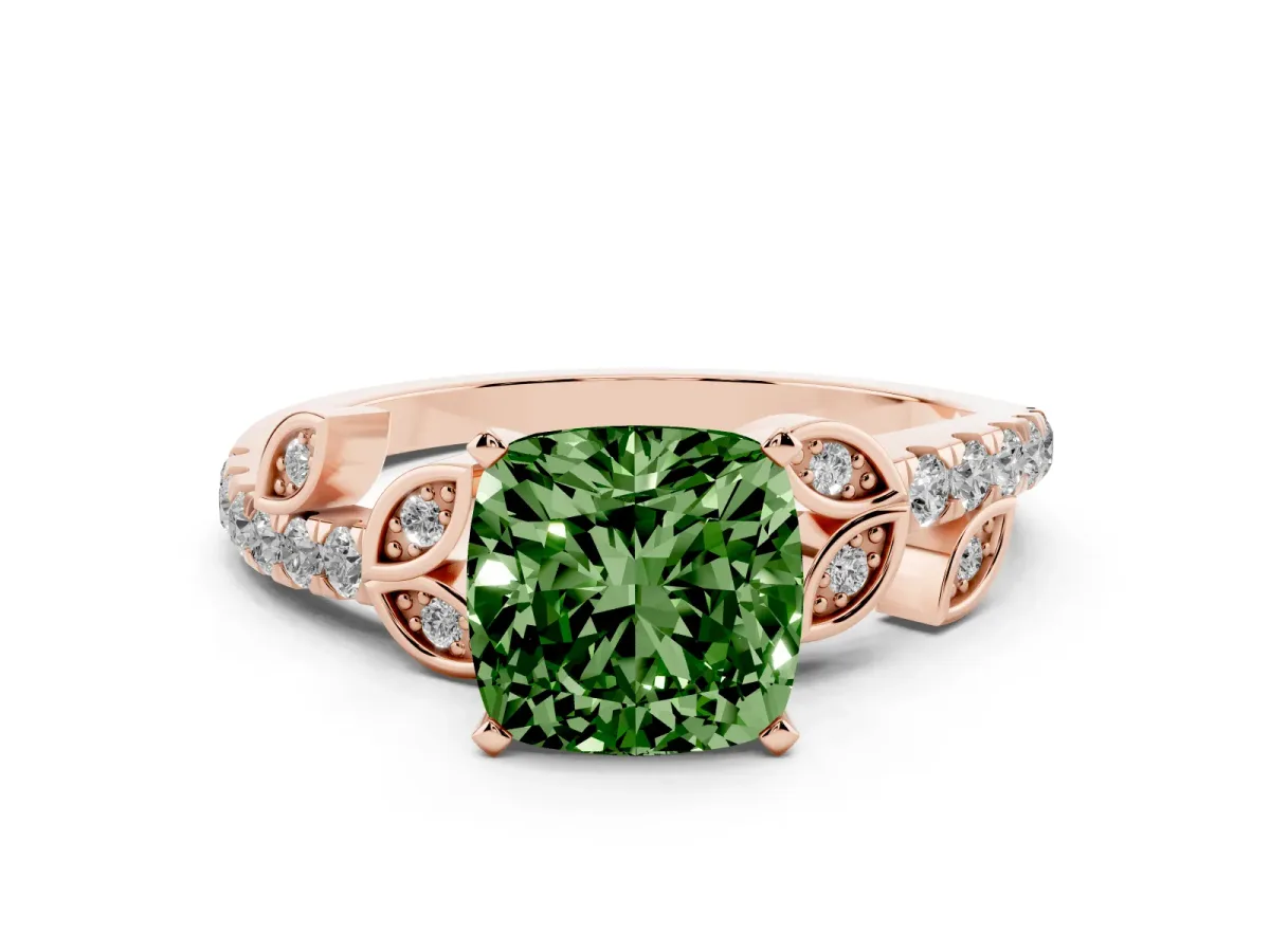 Fancy Green Cushion Cut Solitaire Leaf-Inspired Diamond Ring with Pavé Band and Four-Prong Setting Rose gold