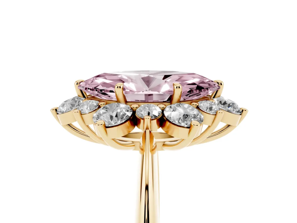 Fancy Pink Marquise Cut Diamond Cluster Halo Ring with Solitaire Band and Four-Prong Setting Yellow gold