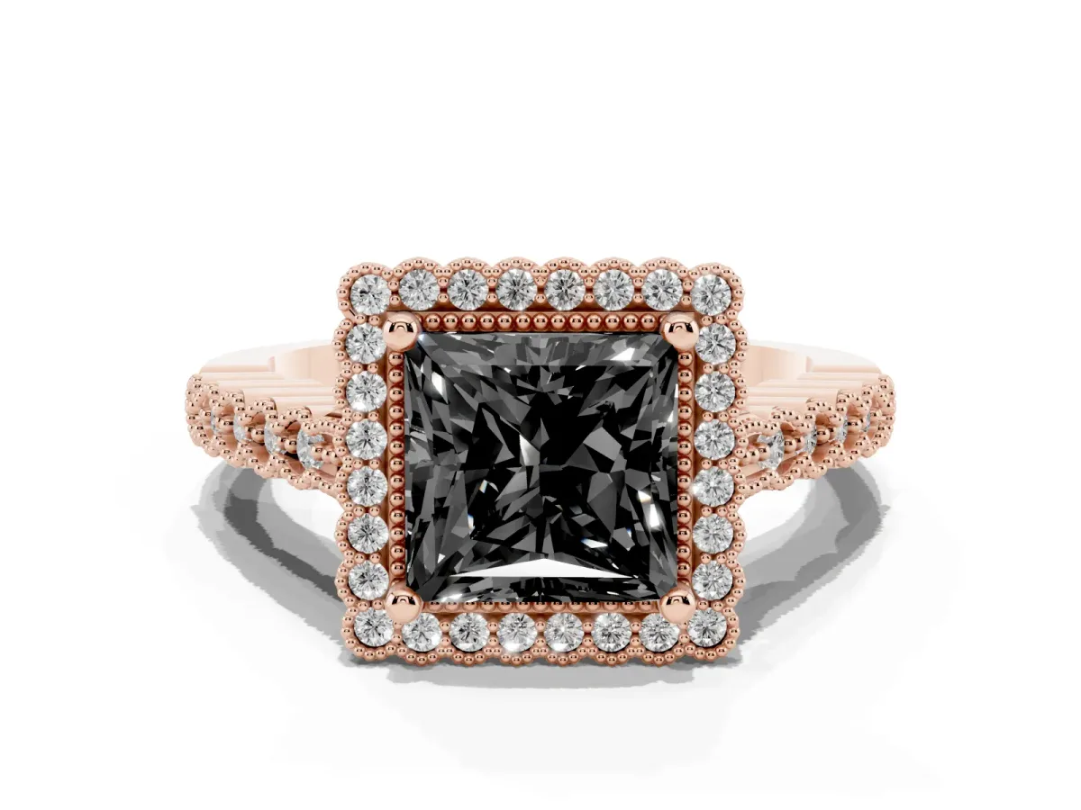 Fancy Black Princess Cut Cut Halo Pavé Solitaire Ring with Milgrain Band Rose gold