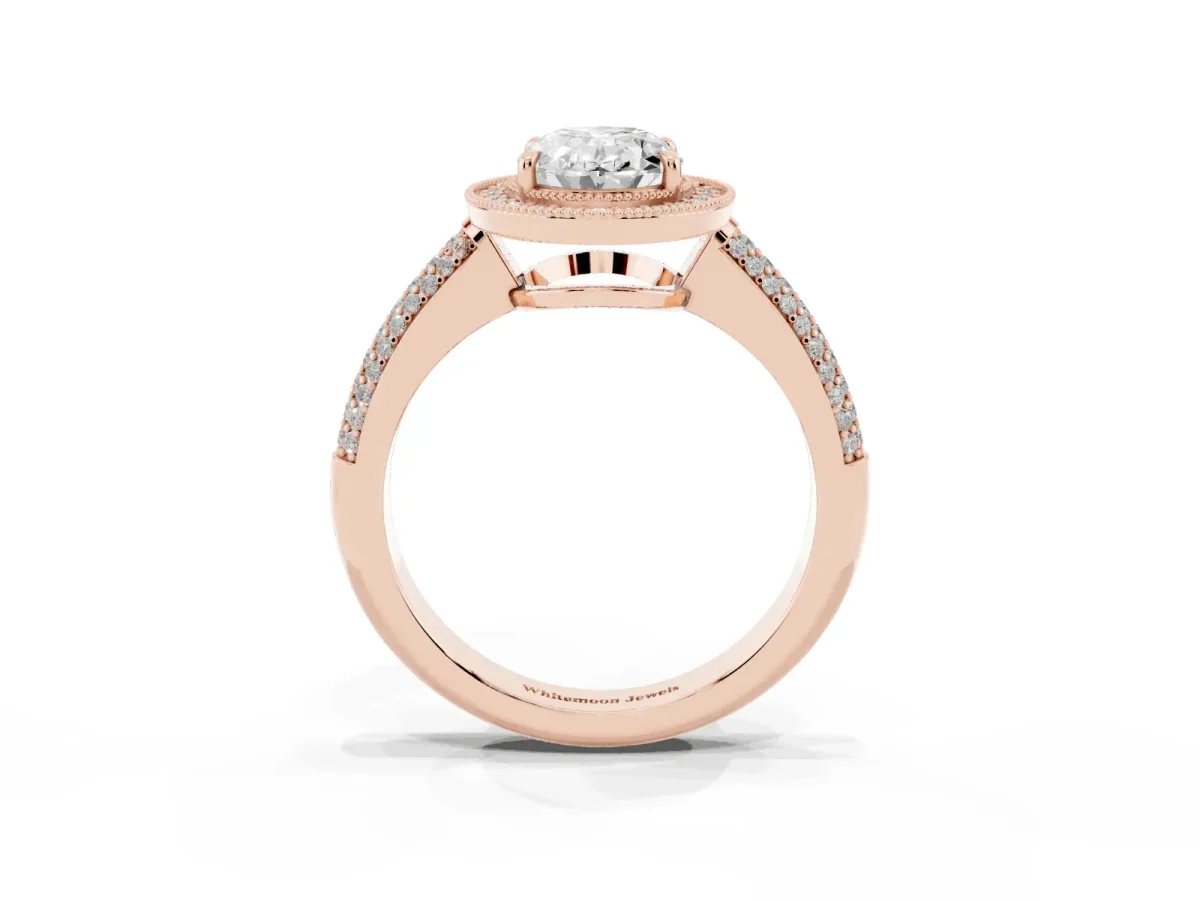 Oval Cut Cut Halo Diamond Pave Band with Four-Prong Setting Rose gold