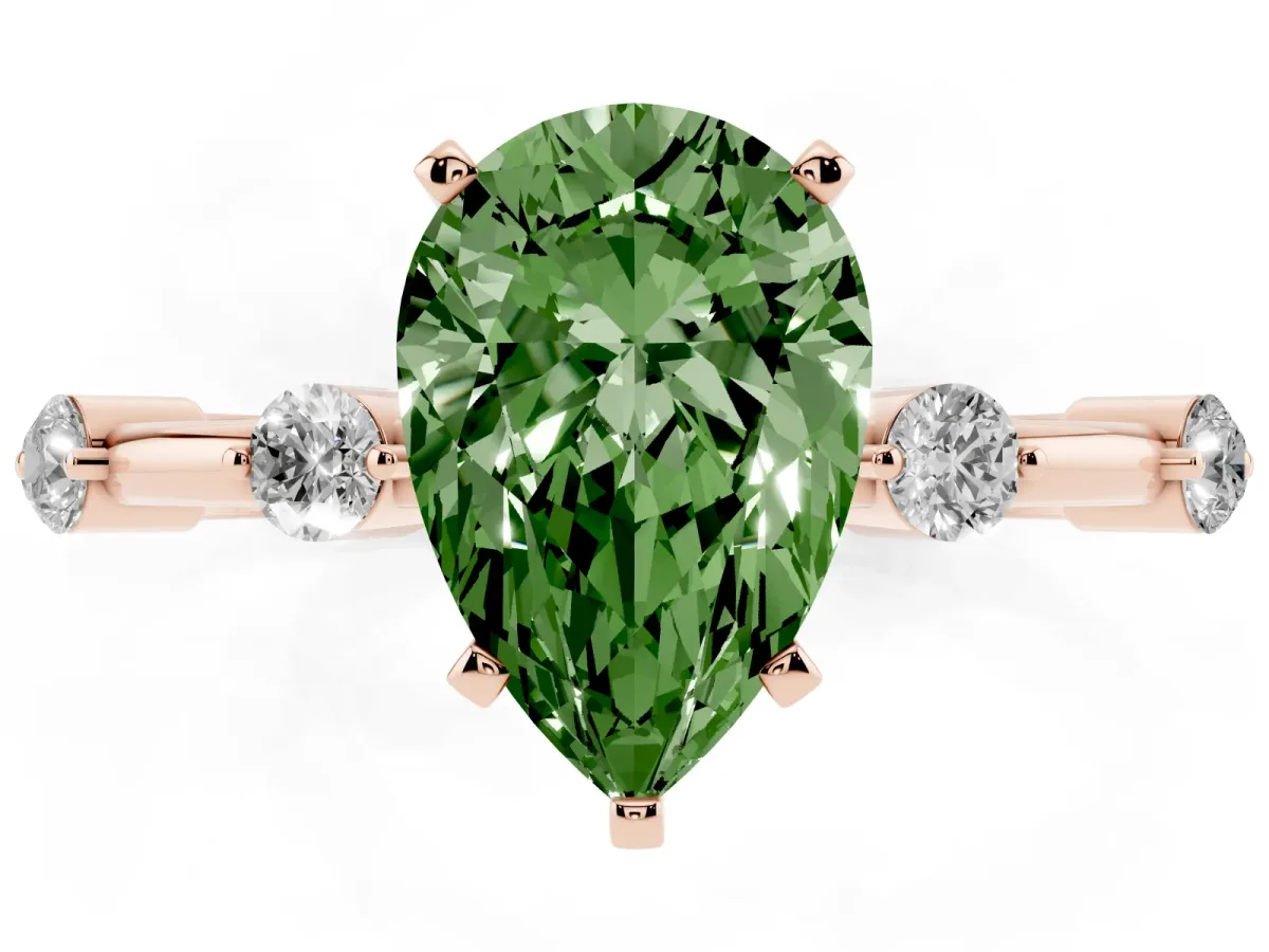 Fancy Green Pear Cut Solitaire Diamond Ring with Bezel Set Side Stones and Prong Setting Rose gold