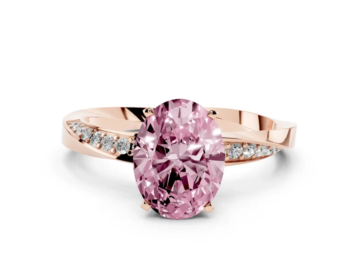 Fancy Pink Oval Cut Diamond Engagement Ring with Side Stone Accents and Four-Prong Setting Rose gold