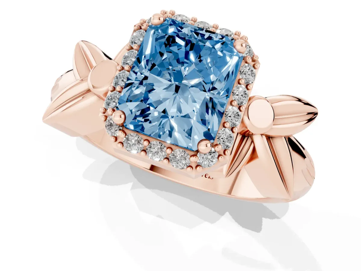 Fancy Blue Radiant Cut Halo Diamond Floral Band with Four-Prong Setting Rose gold