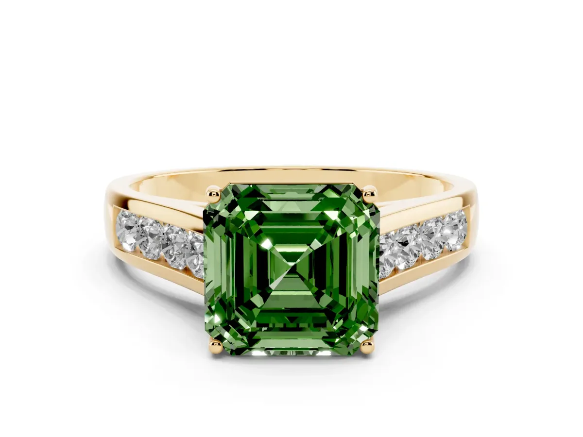 Fancy Green Asscher Cut Brilliant Channel-Set Solitaire Ring with Four-Prong Setting Yellow gold