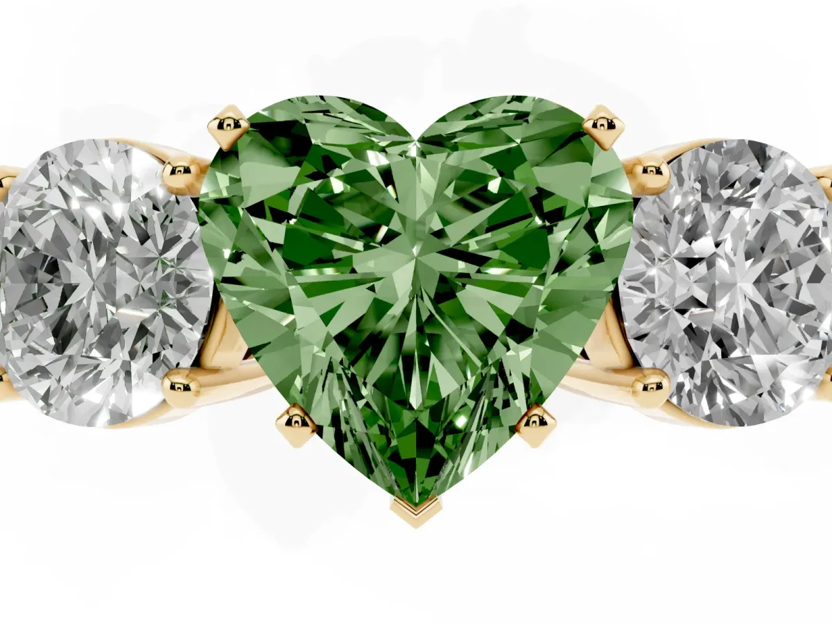 Fancy Green Three-Stone Heart Cut Diamond Ring with Round Side Stones, Classic Band, and Four-Prong Setting Yellow gold