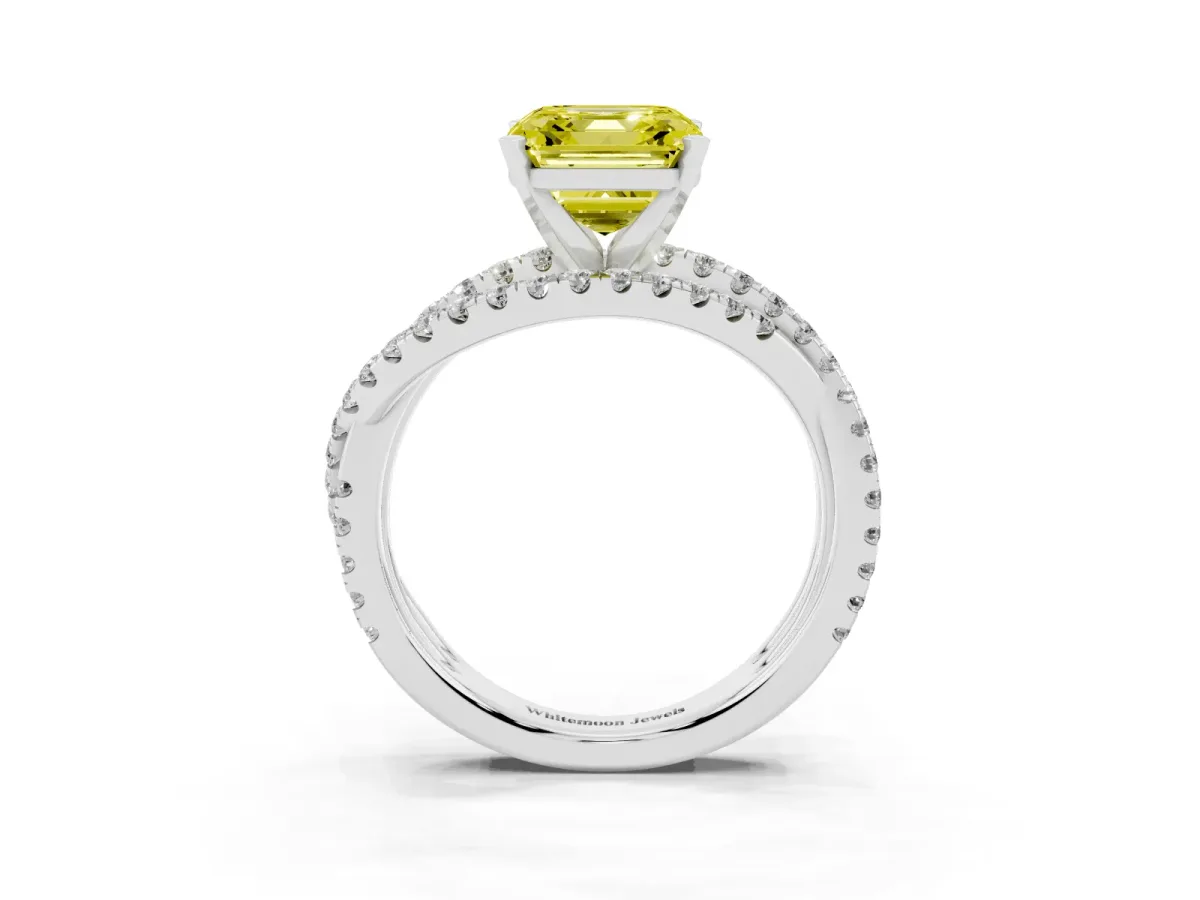 Fancy Yellow Asscher Cut Solitaire Twist Band with Pavé Setting and Four-Prong Setting Silver