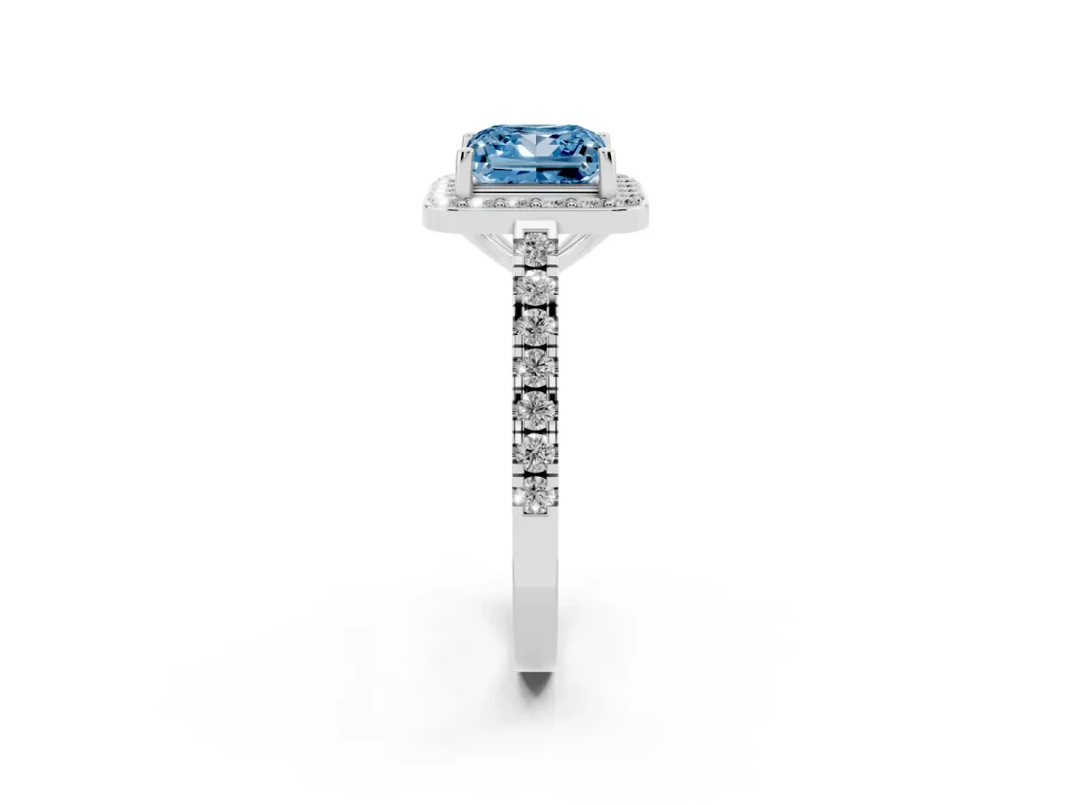 Fancy Blue Princess Cut Diamond Halo Ring with Round Pavé Split Shank and Prong Setting Silver