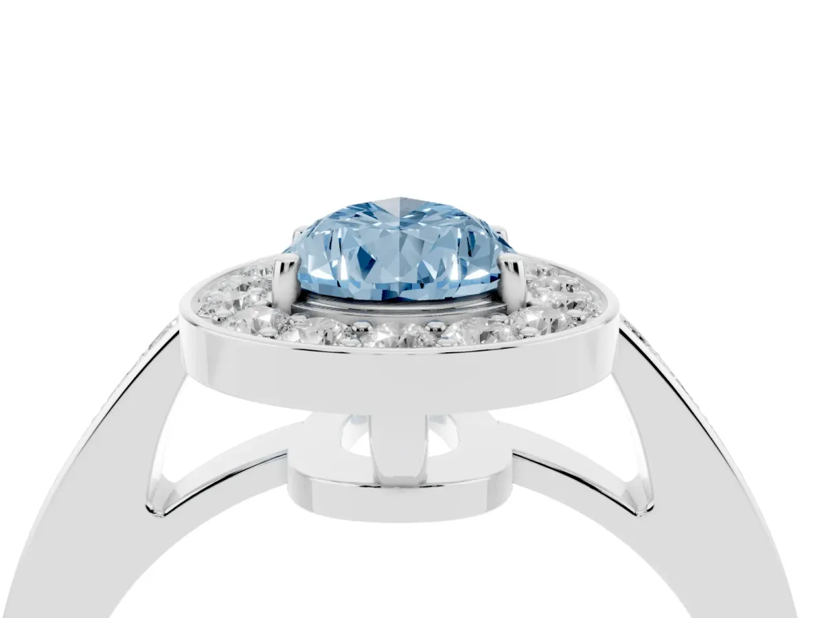 Fancy Blue Pear Cut Halo Pavé Diamond Engagement Ring with Bezel Setting Platinum