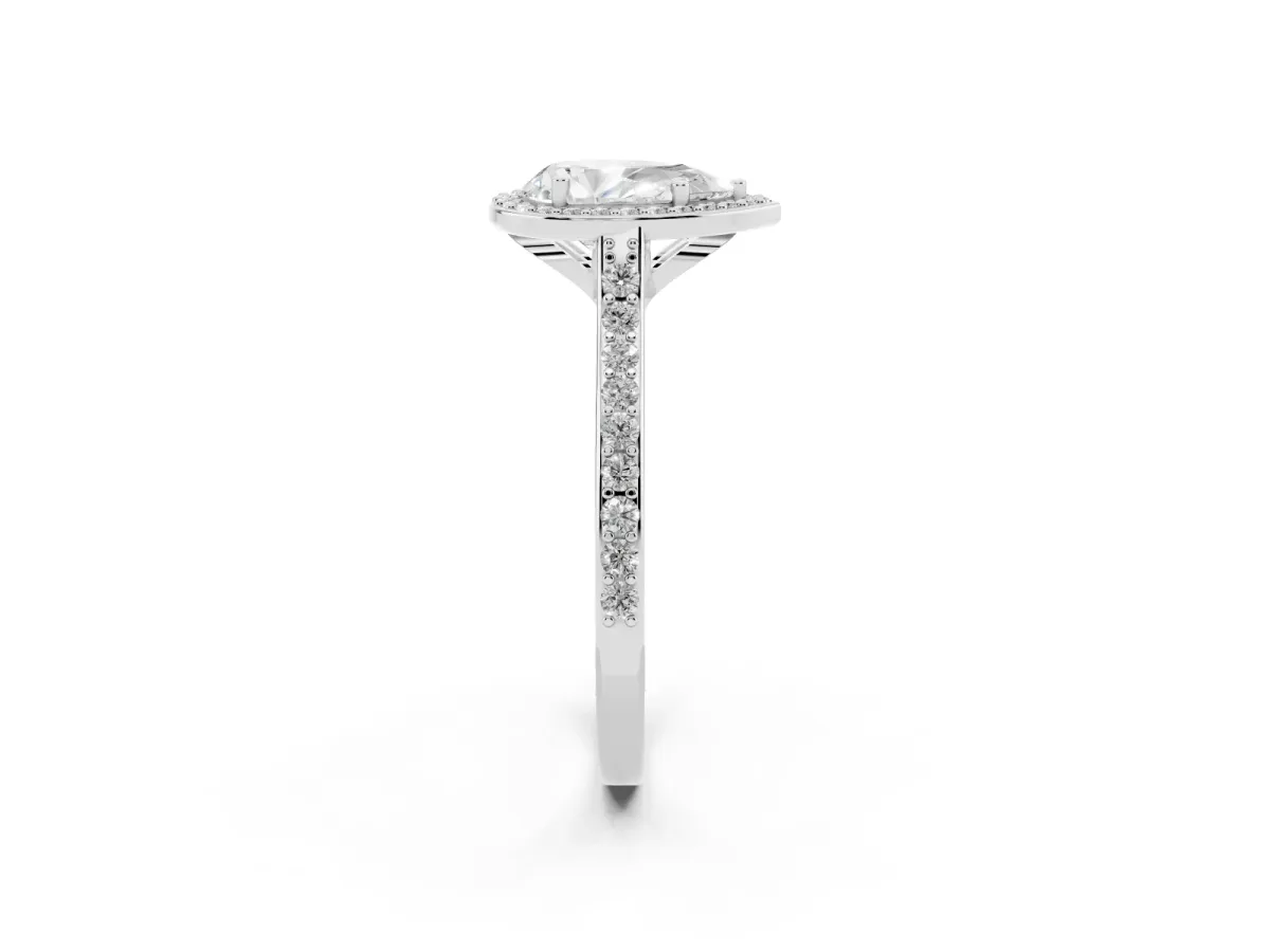 Pear Cut Diamond Halo Engagement Ring with Round Pavé Shoulders and Prong Setting Silver
