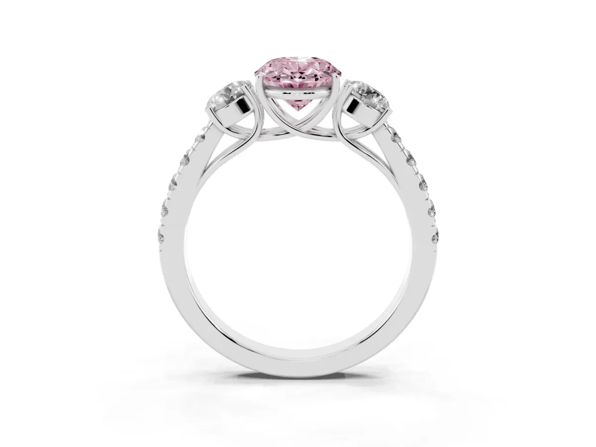 Fancy Pink Oval Cut Cut Diamond Three-Stone Ring with Round Side Stones and Pavé Band Silver