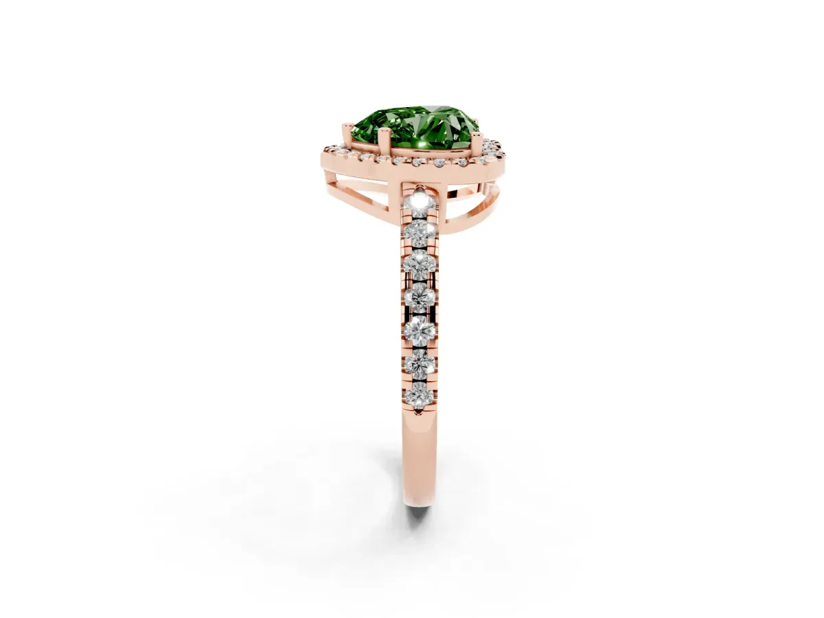 Fancy Green Heart Cut Diamond Halo Ring with Pavé Band and Four-Prong Setting Rose gold