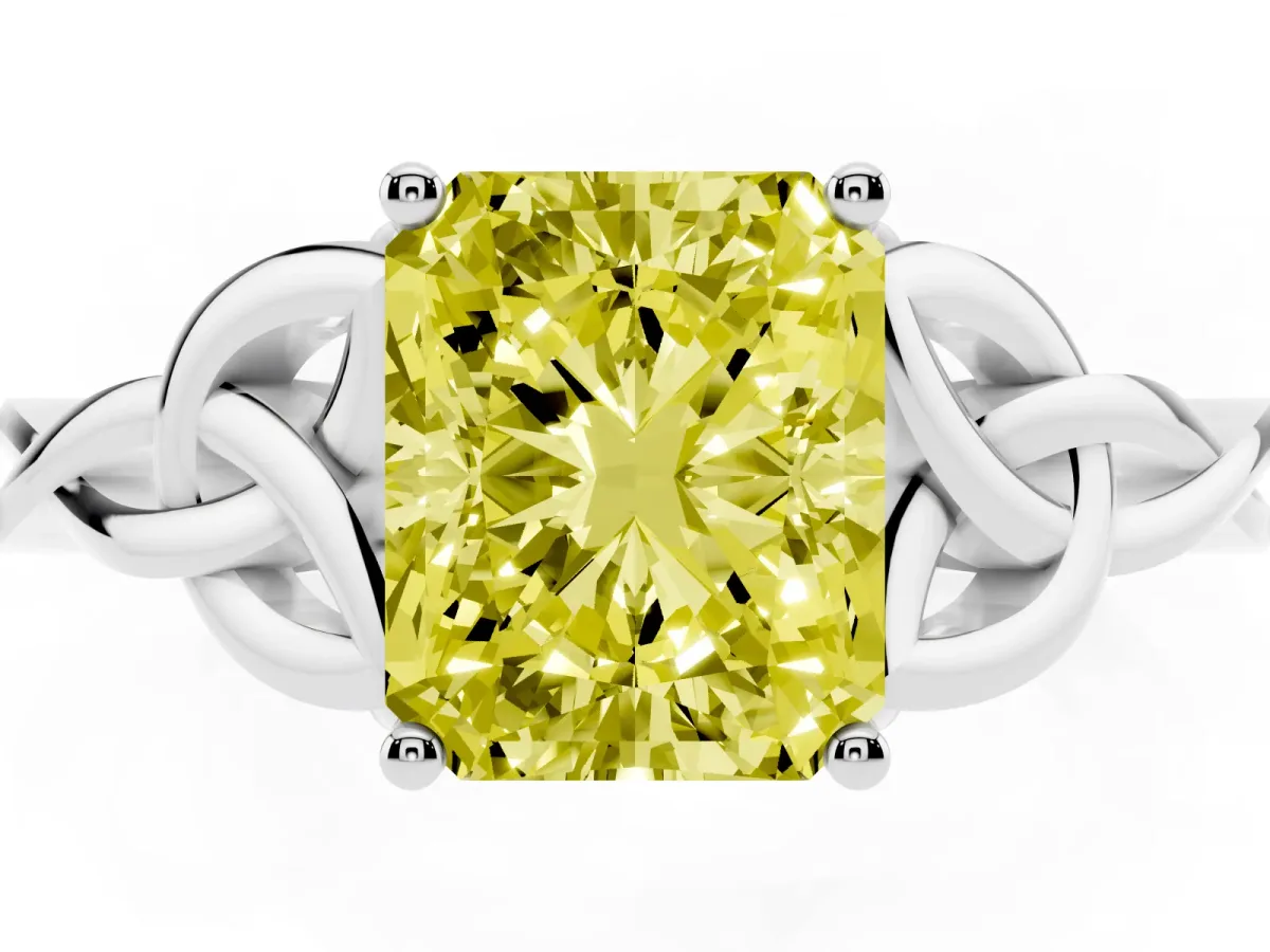 Fancy Yellow Radiant Cut Diamond Solitaire Engagement Ring with Celtic Knot Band and Four-Prong Setting White gold