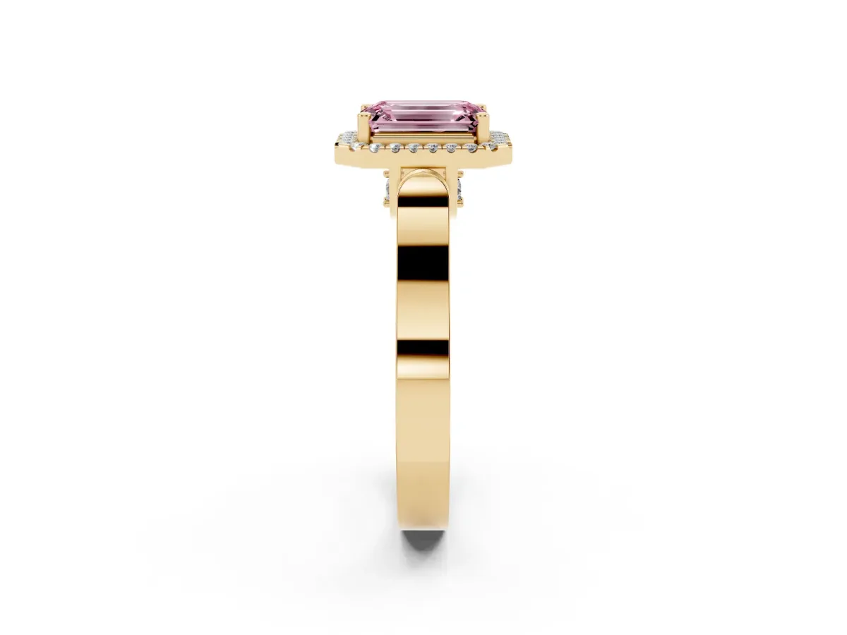 Fancy Pink Emerald Cut Halo Round Diamond Twist Band with Four-Prong Setting Yellow gold