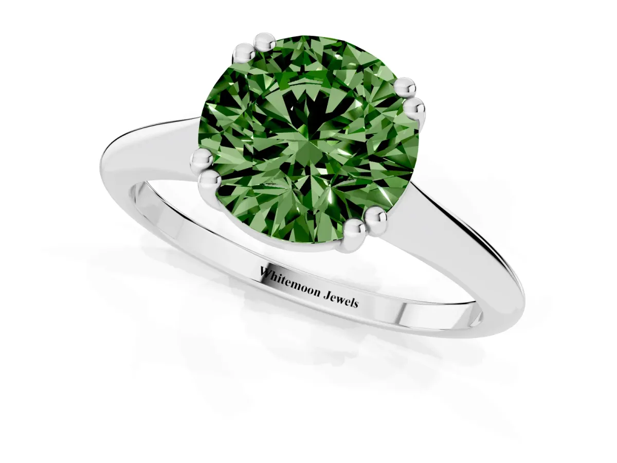 Fancy Green Round Cut Solitaire Diamond Ring with Six-Prong Setting and Classic Band Silver