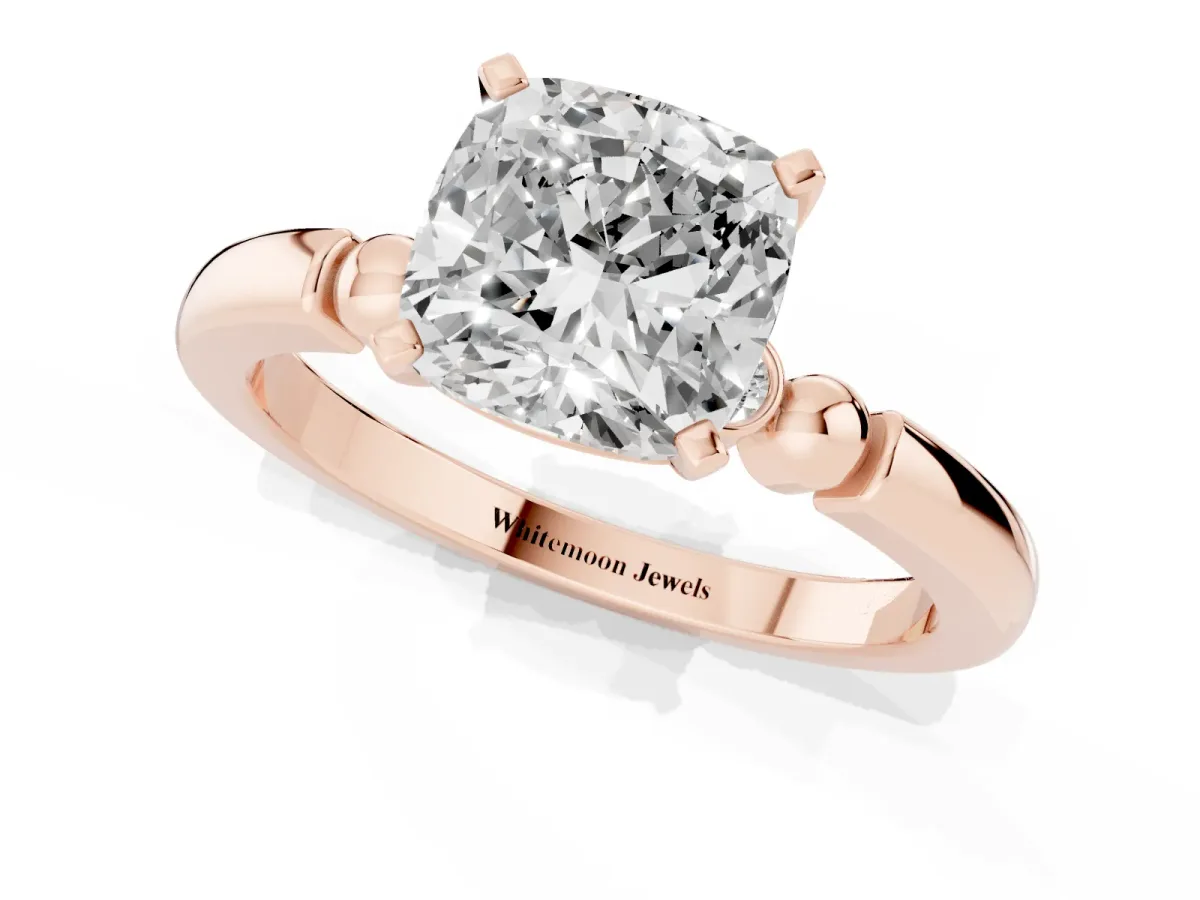 Cushion Cut Solitaire Beaded Band with Four-Prong Setting Rose gold