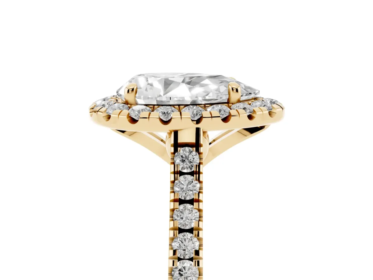 Pear Cut Diamond Cushion Halo Ring with Pavé Band Yellow gold