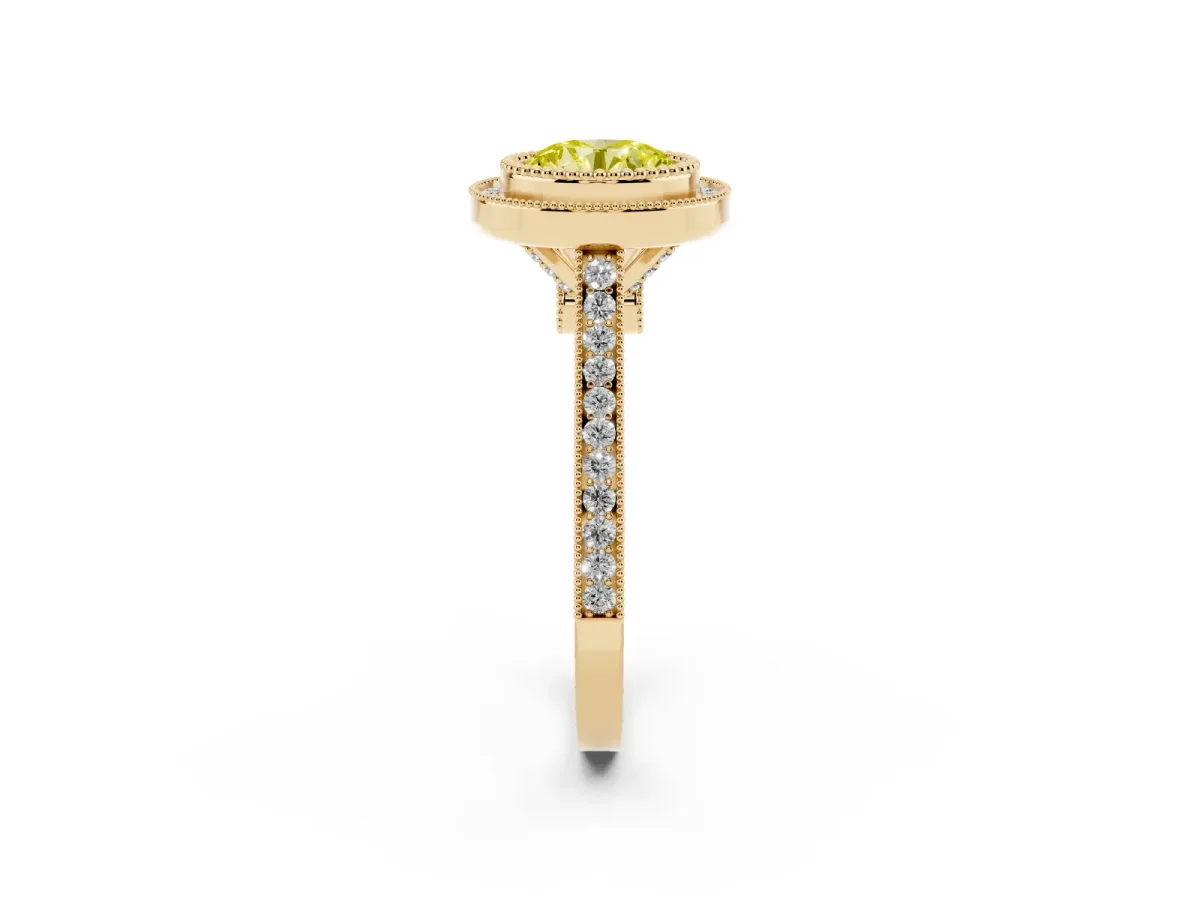 Fancy Yellow Round Cut Diamond Halo Ring with Milgrain Frame and Pavé Band Yellow gold