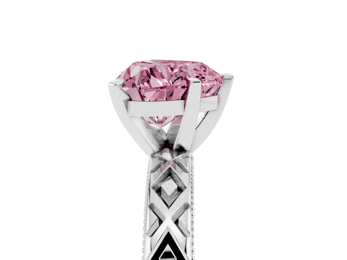 Fancy Pink Heart Cut Solitaire Diamond Ring with Milgrain and Black Enamel X Pattern Band Silver