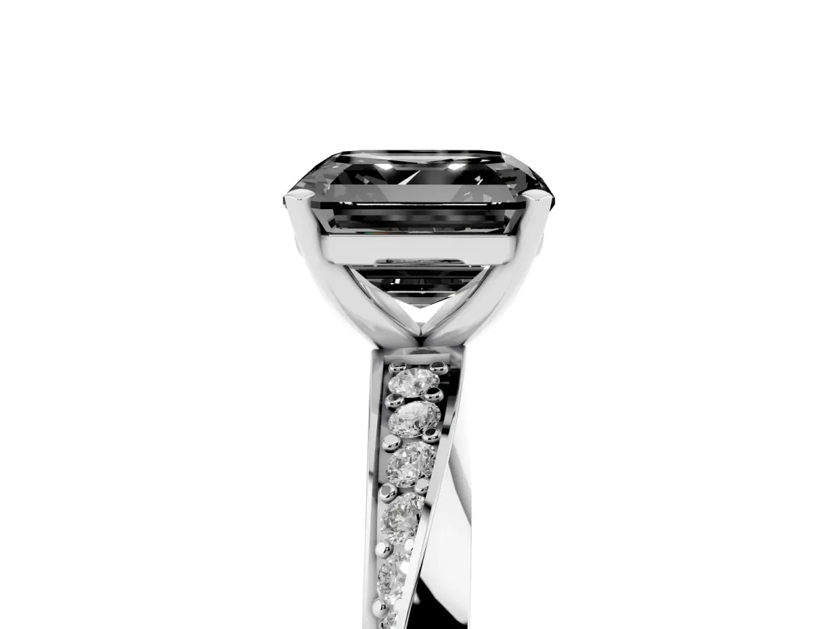 Fancy Black Asscher Cut Diamond Engagement Ring with Side Stone Accents and Four-Prong Setting Platinum